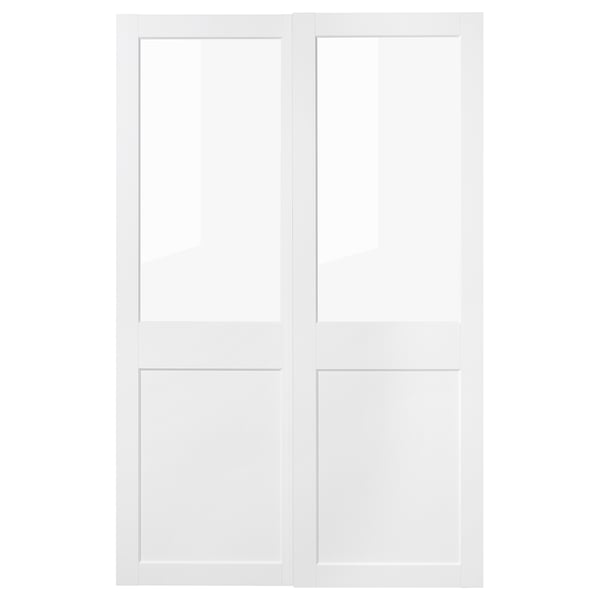 Vita GRIMO garderobsdörrar med glasskiva upptill.