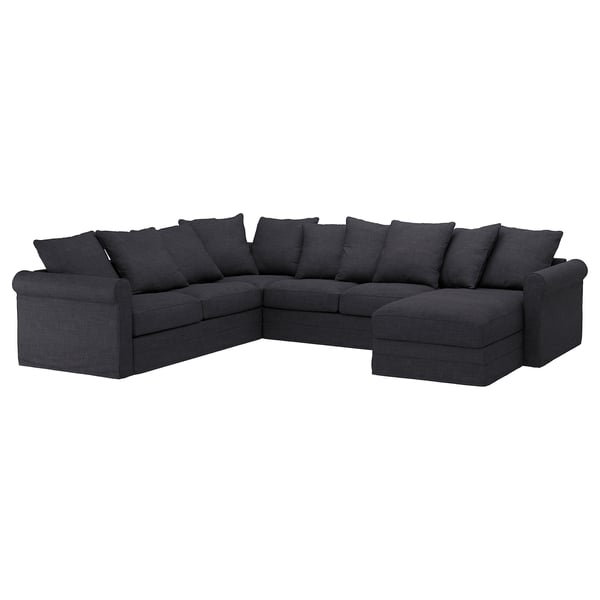Grå GRÖNLID sektionssoffa med 8 dynor, hörnsittning, schäslong, modern & bekväm, bomull, polyester, linne.