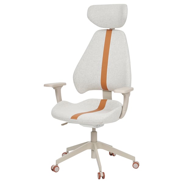 GRUPPSPEL gamingstol i vitt med orange accenter. Ergonomisk design med justerbar rygg, säte, armstöd och nackstöd för komfort.