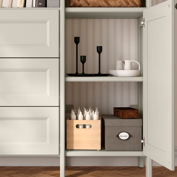 GULDDRAGARE Förvaringskombination, beige med 6 dörrar/klarglas med dörrar, 238x37x216 cm