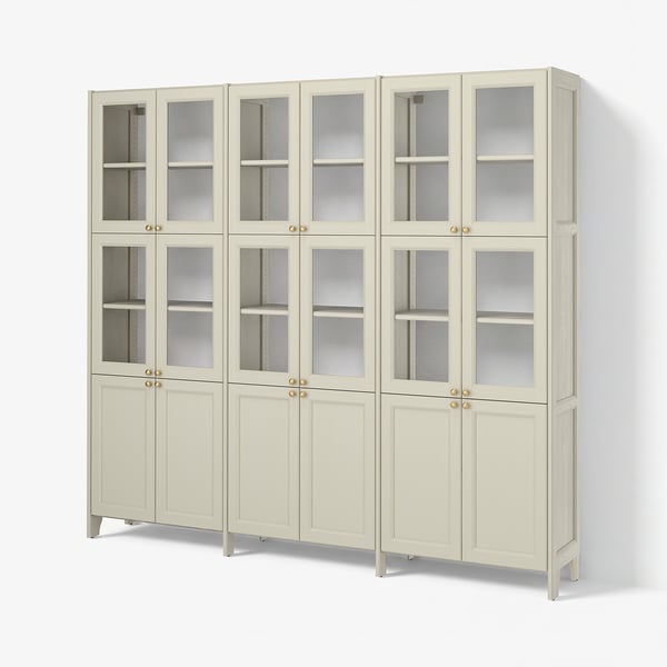 GULDDRAGARE Förvaringskombination, beige med 6 dörrar/klarglas med dörrar, 238x37x216 cm