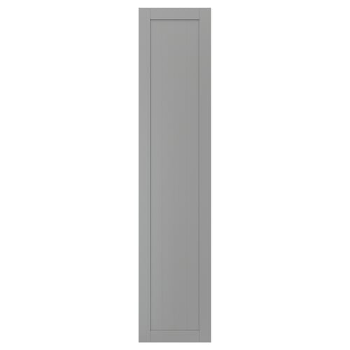 En GULLABERG grå garderobsdörr med klassisk design. Den är rektangulär med vertikala linjer inom en grå ram.