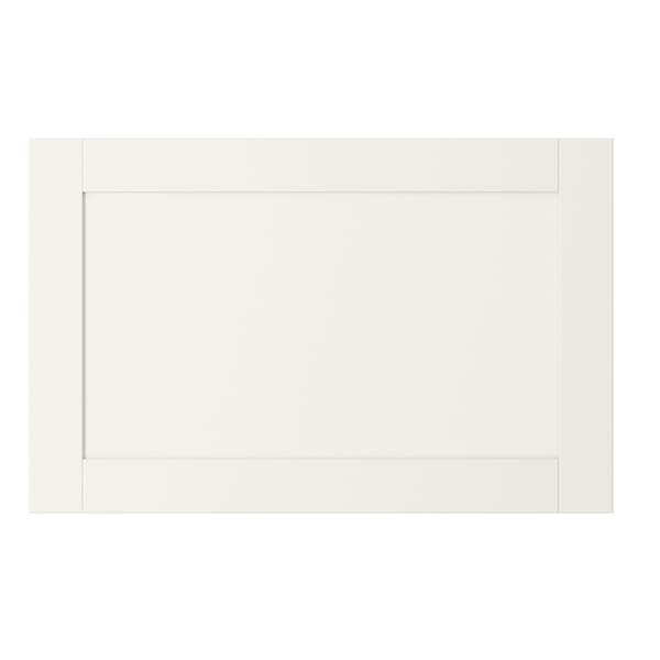 Vit HANVIKEN-låda, rektangulär, minimalistisk design, tillverkad av fiberplatta med pappersfolie och plastkant.