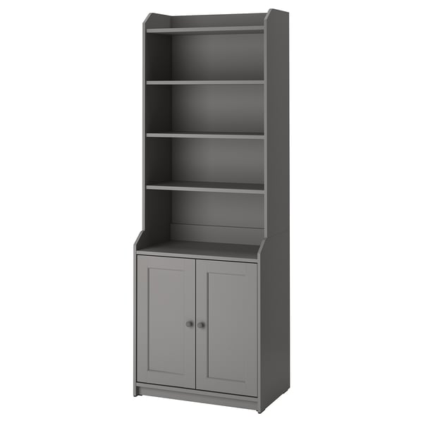 Ett grått HAUGA förvaringsskåp med öppen topp och två stängda dörrar, perfekt för mångsidigt hemmabruk med traditionell design.