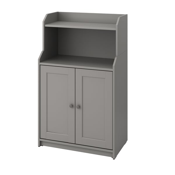 Grått HAUGA förvaringsskåp, 2 dörrar och öppen hylla, modern design, spånskiva.