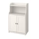 Ett vitt HAUGA förvaringsskåp med två dörrar och en öppen hylla på toppen. Skåpet har en enkel och ren design, lämplig för olika rum.