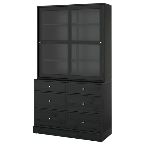 Svart träskåp med glasdörrar och 6 lådor.