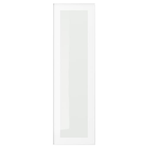 En elegant, vit HEJSTA vitrinskåpsdörr med aluminiumram och klar glaspanel.