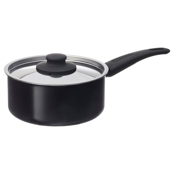 HEMLAGAD svart kastrull, rund, non-stick, lock i härdat glas, handtag, keramisk beläggning, aluminiumbotten.