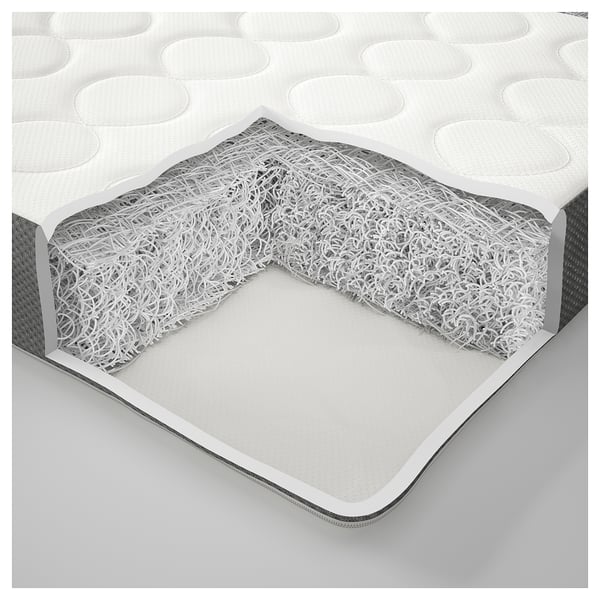 Tvärsnitt av madrasslager. Topp med cirkulära mönster, mitten med vit fiberfill, botten med grå botten.
