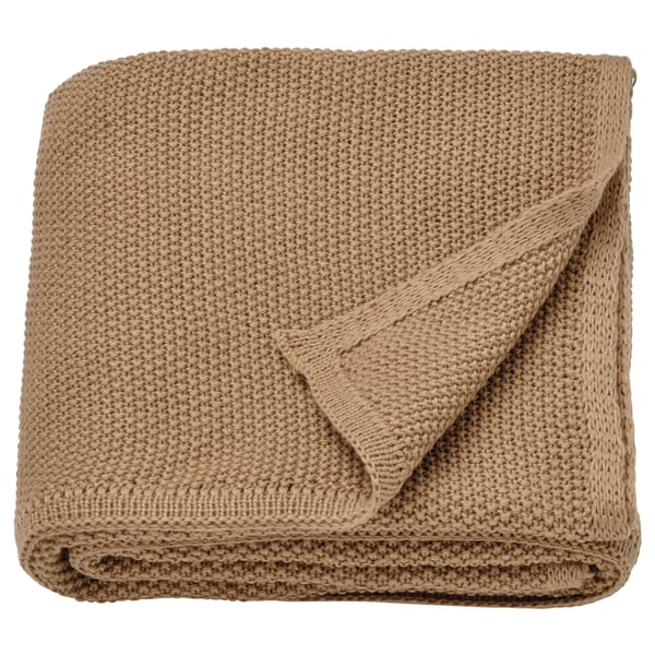 Vikt beige HUMLEMOTT pläd, stickad, mjuk, återvunnen polyester.