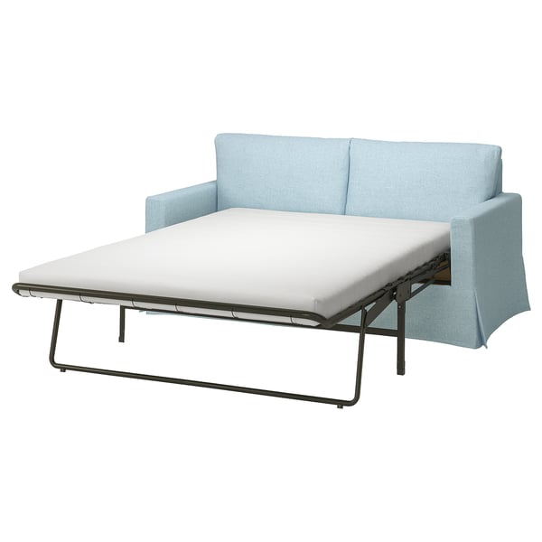 Ljusblå bäddsoffa med vit madrass, kantig design, metallben.