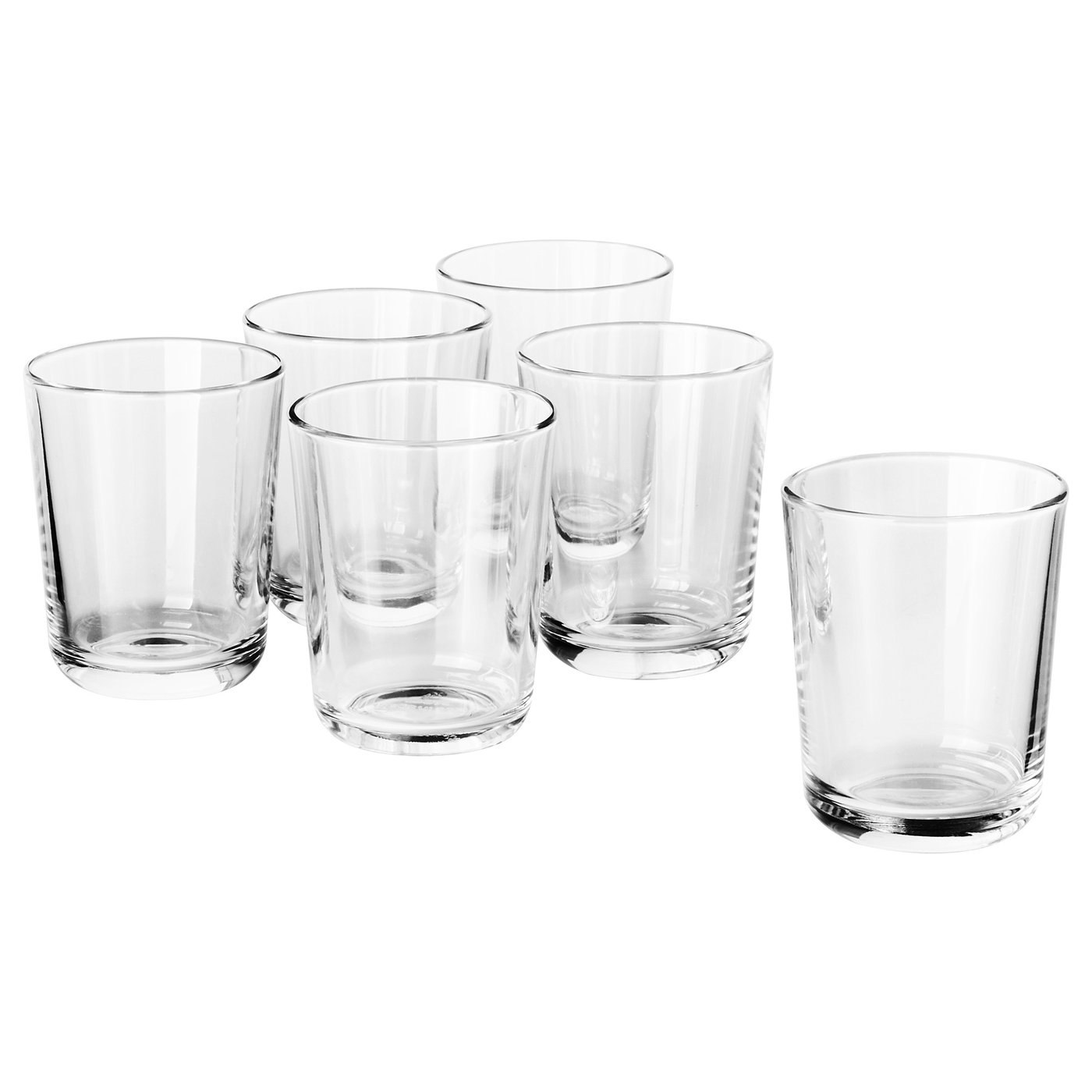 Sex genomskinliga, cylindriska IKEA 365+ dricksglas i olika storlekar, tillverkade av härdat glas, prydligt arrangerade för visning.
