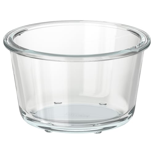 IKEA 365+ skål i klarglas, rund och transparent, tillverkad av slitstarkt värmebeständigt glas.