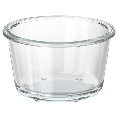 IKEA 365+ skål i klarglas, rund och transparent, tillverkad av slitstarkt värmebeständigt glas.