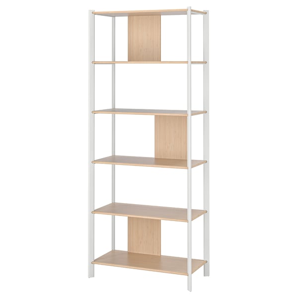 En modern JÄTTESTA bokhylla i vitt med trähyllor. Dess design rundade kanter och metallben för ett elegant utseende.