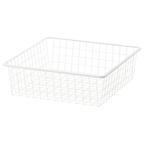 En vit JONAXEL trådförvaringskorg, rektangulär, med gallerdesign för ventilation, perfekt för att organisera och förvara vikta kläder eller accessoarer.
