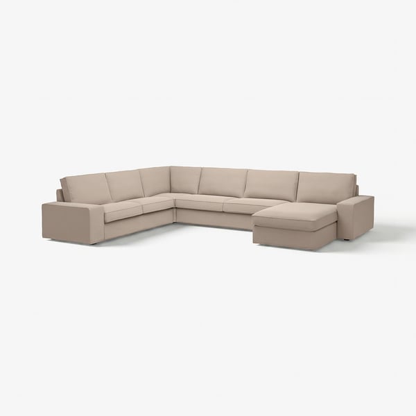 KIVIK beige hörnsoffa, modern form, låga armstöd, avtagbara kuddar.