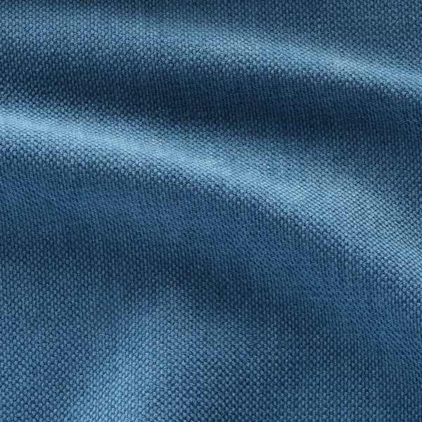 Närbild av mjukt, slitstarkt blått chenilletyg; Något reflekterande, textur detaljerad.