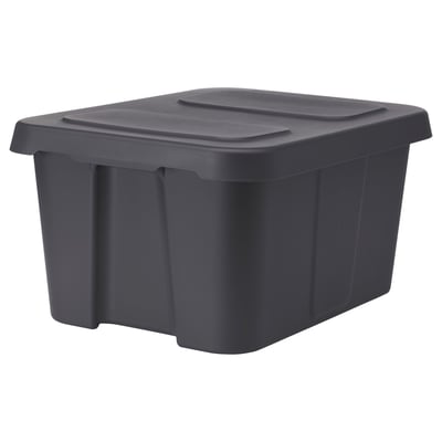 Mörkgrå, rektangulär, stor förvaringslåda i plast med snäpplock.