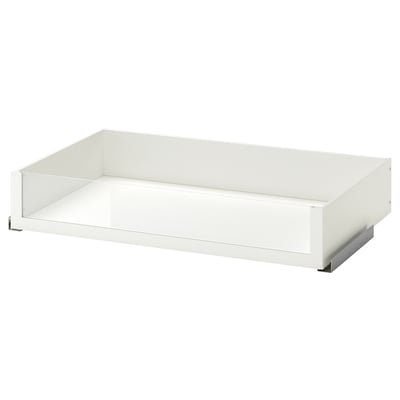 En vit KOMPLEMENT-låda med glasfront, perfekt för garderober, med en elegant, modern design med en långsamstängningsmekanism.