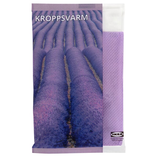 Ikeas kroppsrvarm lavendeldoftande påse, lila, rektangulär, polypropen, med torkade lavendelblad.