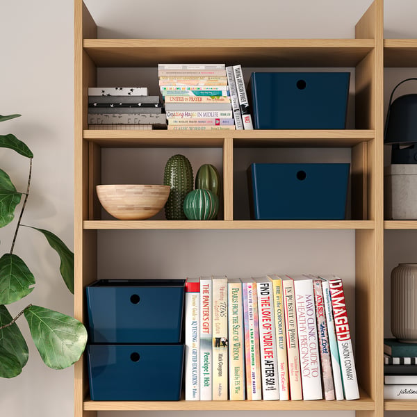 Bokhylla med blå förvaringslådor, dekorativ skål och krukväxter.