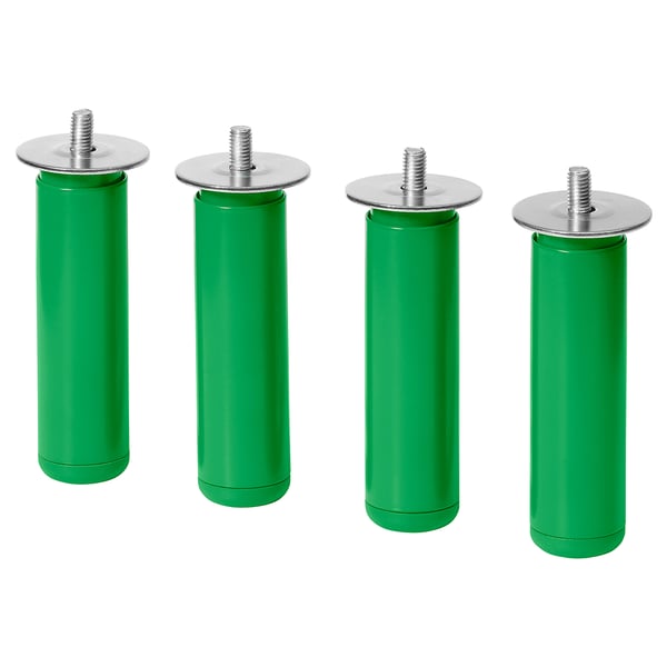 Fyra gröna cylindriska ben med justerbara toppar i silver, designade för förvaring.