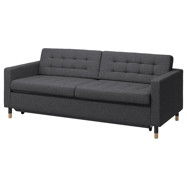 Mörkgrå soffa LANDSKRONA, modern design, plyschkuddar, rejäla ekben.
