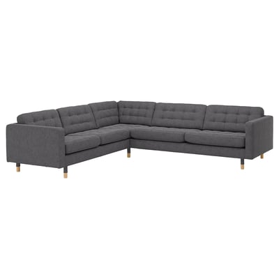 En grå LANDSKRONA sektionssoffa med tuftade dynor, ekben och modern design.