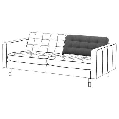 Modern vit soffa med grå kuddar, tuftad design, kantig ram och smala ben.