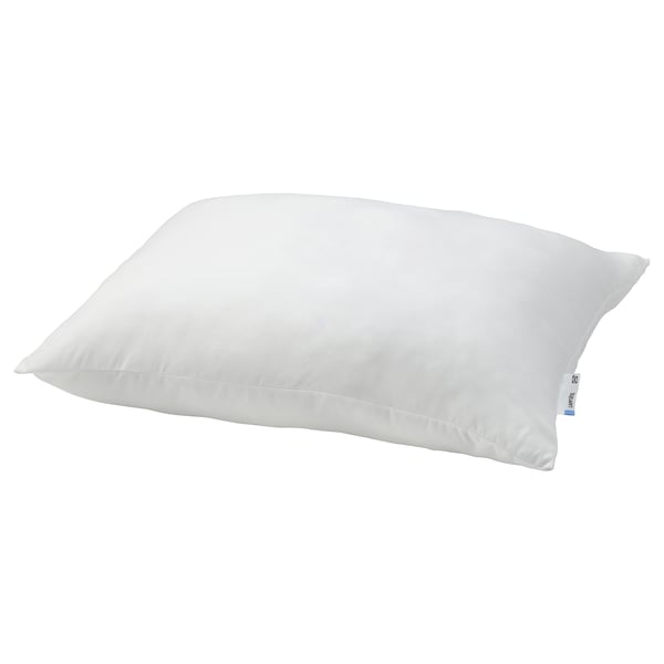En vit, fyrkantig kudde med ett slätt mikrofiberöverdrag, mjuk och fyllig, designad för komfort.