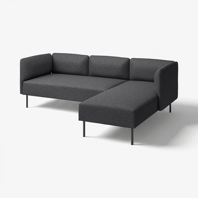 Modern, L-formad, mörkgrå LILLEHEM sektionsoffa med slanka metallben och rena linjer, perfekt för moderna vardagsrum.