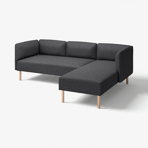 Modern svart modulsoffa, lilleham, med slanka linjer och stadiga träben.