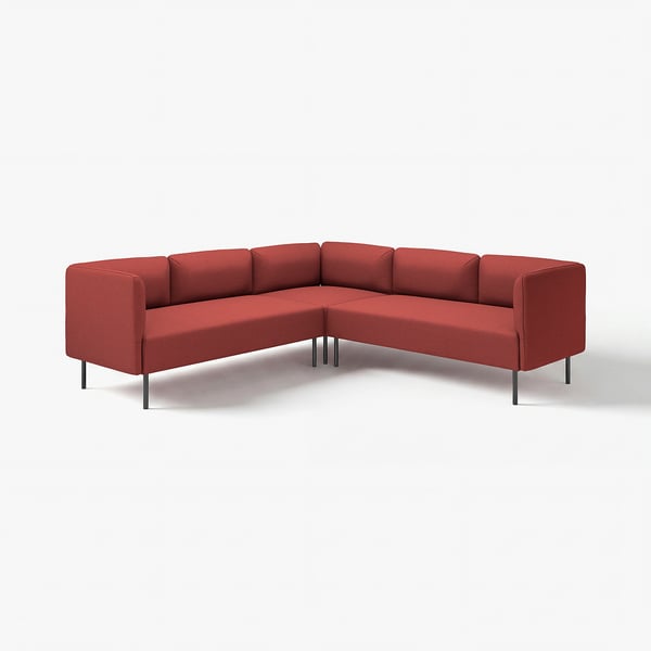 En modern LILLEHEM röd hörnsoffa med metallben, med ren design och modulära sittplatser.