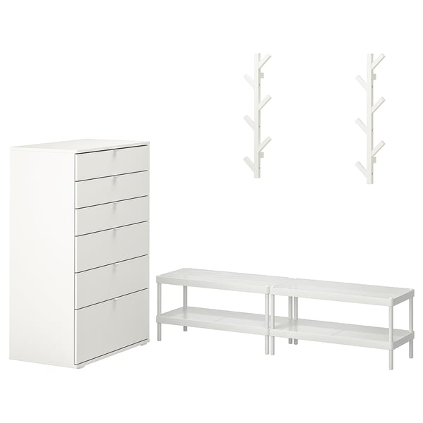 Ikea MACKAPÄR set: Byrå med 6 lådor, skohylla med 2 hyllor, 2 vägghängare. Modern, minimalistisk design.