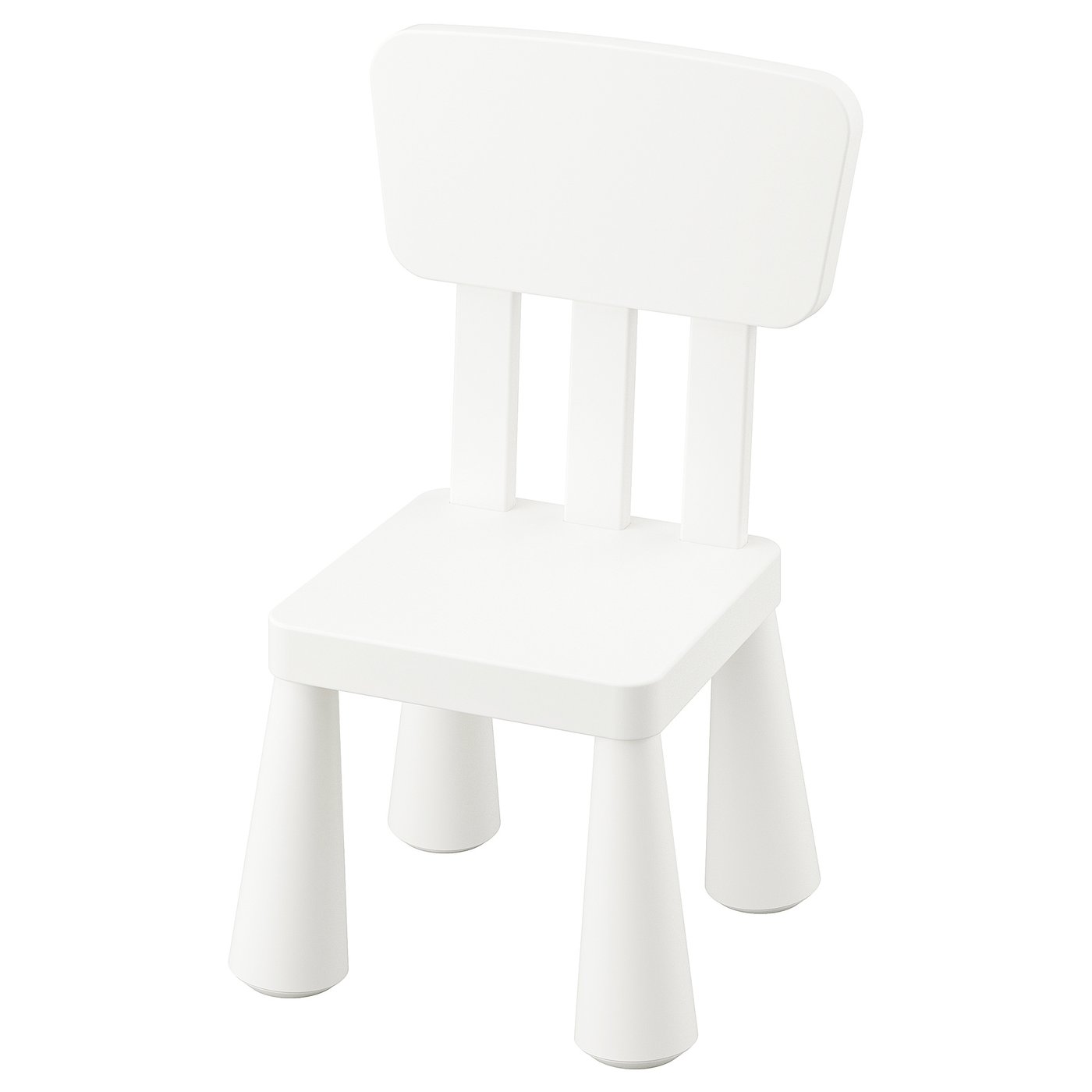 En vit MAMMUT barnstol, tillverkad av slitstark plast, med en enkel, fyrkantig form och robust design, lämplig för både inomhus- och utomhusbruk.