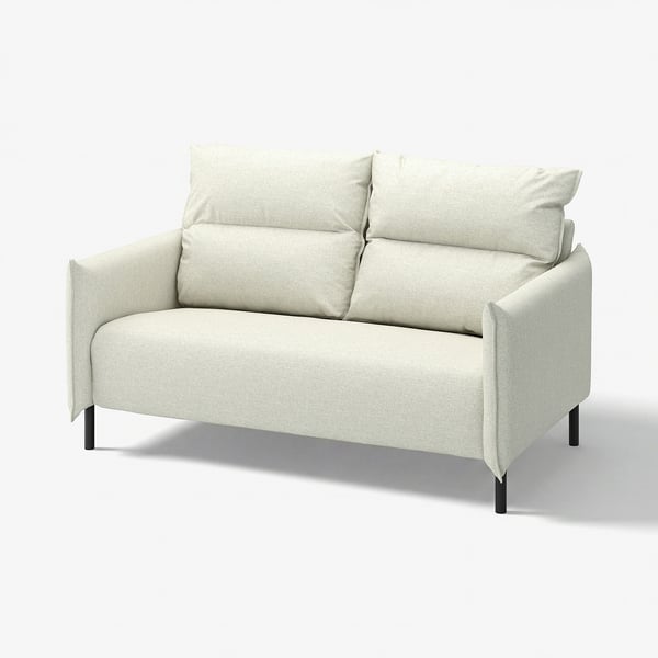 MANNARP-soffa, krämfärgad, modern design, hög rygg, mjuka dynor, svarta ben.