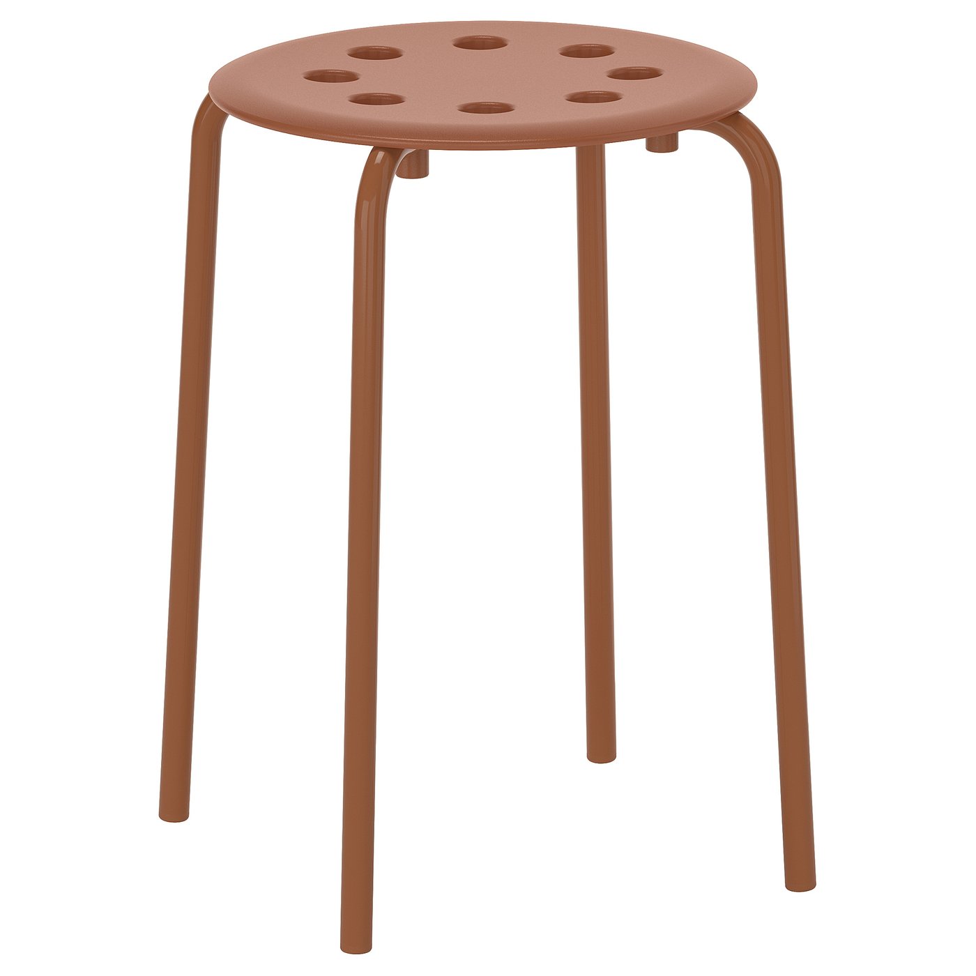 En rundformad, orangefärgad MARIUS pall med metallben och en perforerad sits, tillverkad av stål och polypropen.