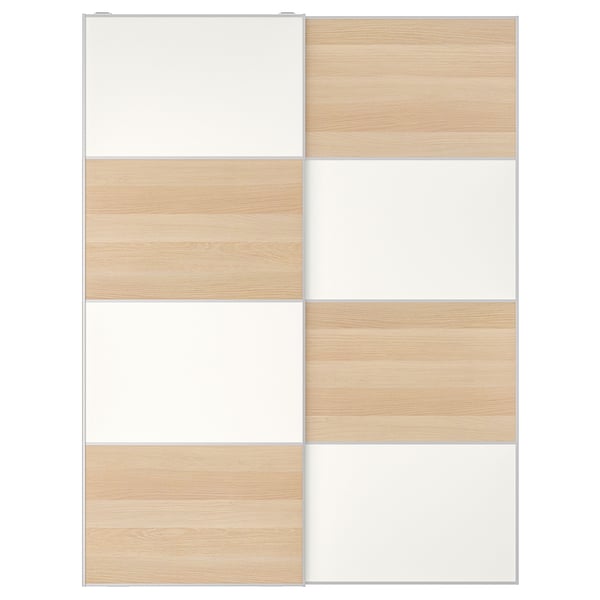 MEHAMN IKEA dörrar: 3 ljust trä, 3 vita paneler, skjutbar aluminiumskena.