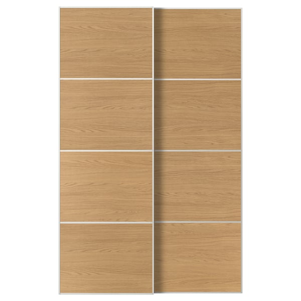 MEHAMN Skjutdörrpar, vit/dubbelsidig ekmönstrad, 150x236 cm