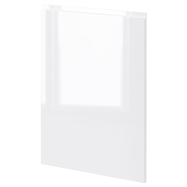 Vit högblank köksskåpsdörr, fiberplatta med plastfolie, rektangelform, elegant modern design.