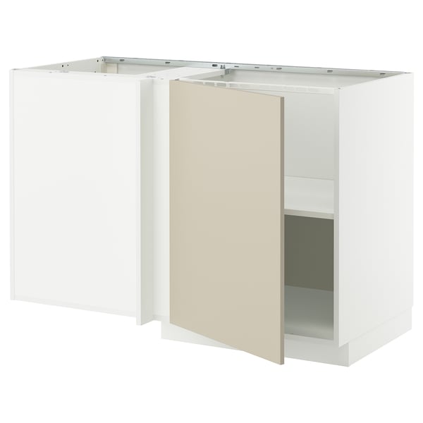 Vitt och beige köksskåp, modern design, flyttbara hyllplan.
