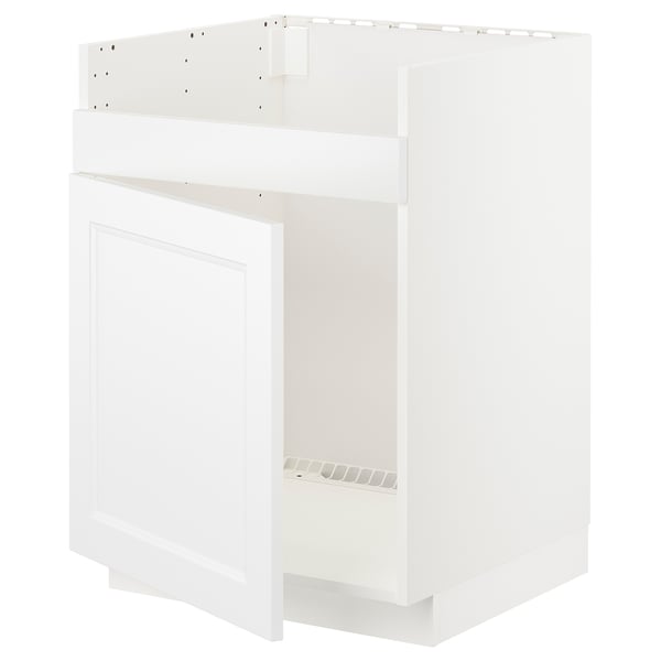 En vit ikea METOD köksskåpsbotten med en enda lucka och förborrade hål för montering.