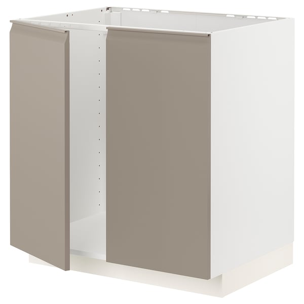 METOD köksskåp i gråbeige, modern design, fyrkantig form, vit ram, integrerat handtag.