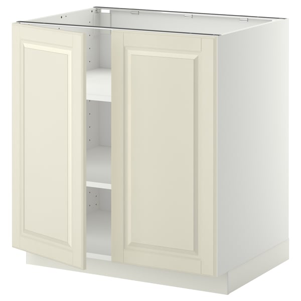 METOD köksbänk i benvitt med fasade dörrar, boxig form, robust spånskiva, justerbara hyllor, klassisk design.