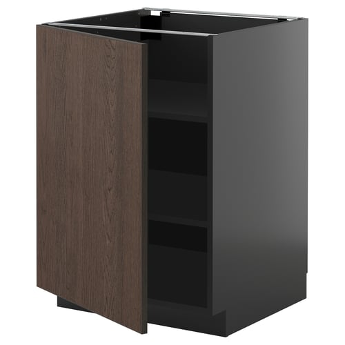 Mörkbrunt träskåp med öppen dörr, grå ram, rektangulär form.