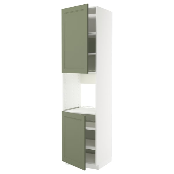 Ett tvåfärgat grönt och vitt METOD-köksskåp med justerbara hyllplan, med modern design.