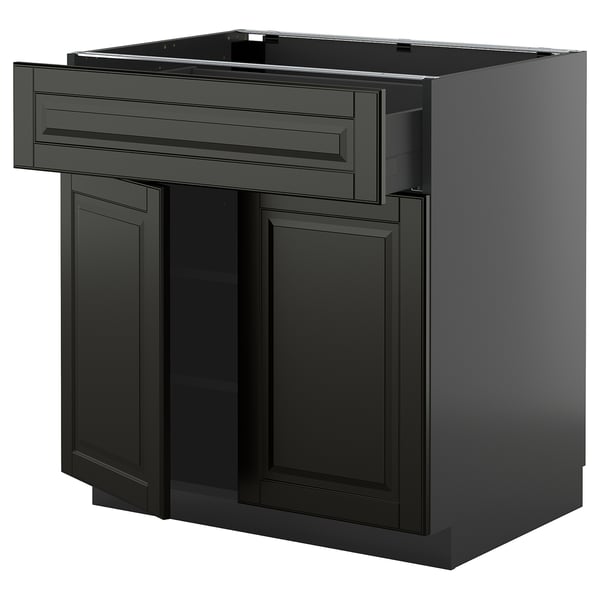 Svart METOD köksbänk med låda och två luckor, mörk modern design.