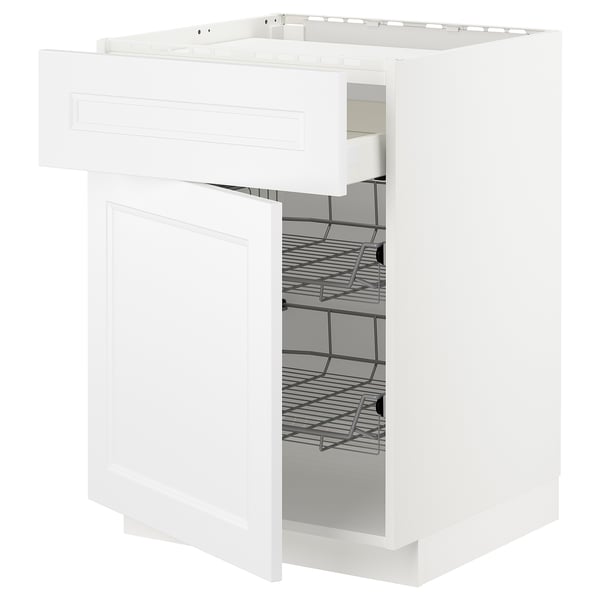 Vitt köksskåp med öppen låda, metallställ synliga inuti. Modern, ren design.